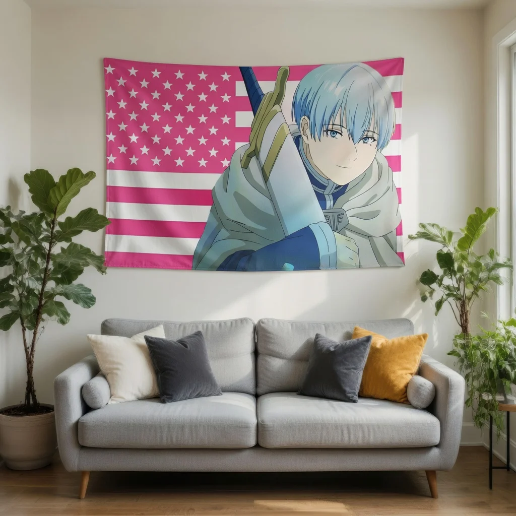 Cool Anime Swordsman Pink Stars Stripes Flag Tapestry Flat Print Aesthetic Wall Decor for Living Room Dorm Bedroom Gift