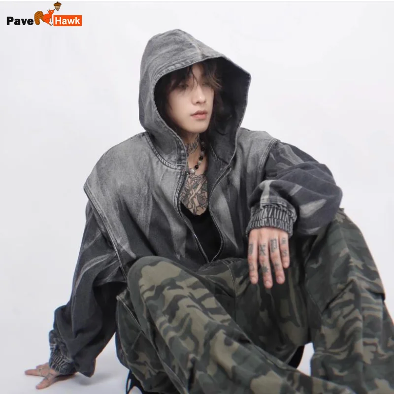 

Y2K High Street Hooded Denim Jacket Mens Spring 2024 Tie Dye Gradient Retro Cowboy Hoodie Zipper Loose Unisex Bomber Coats