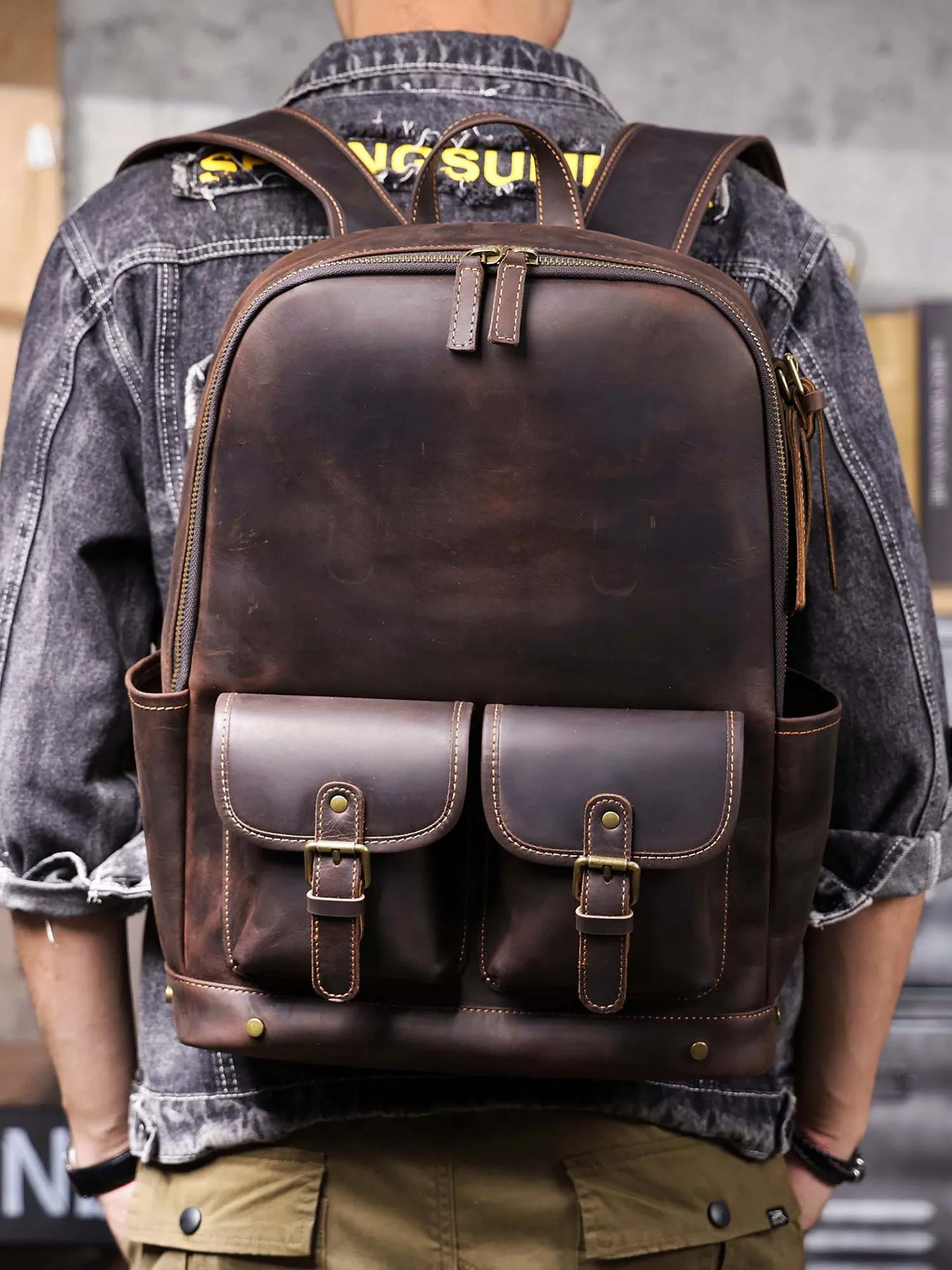 Vintage large capacity crazy horse cowhide men's backpacks simple travel luxury handmade genuine leather computer schoolbags