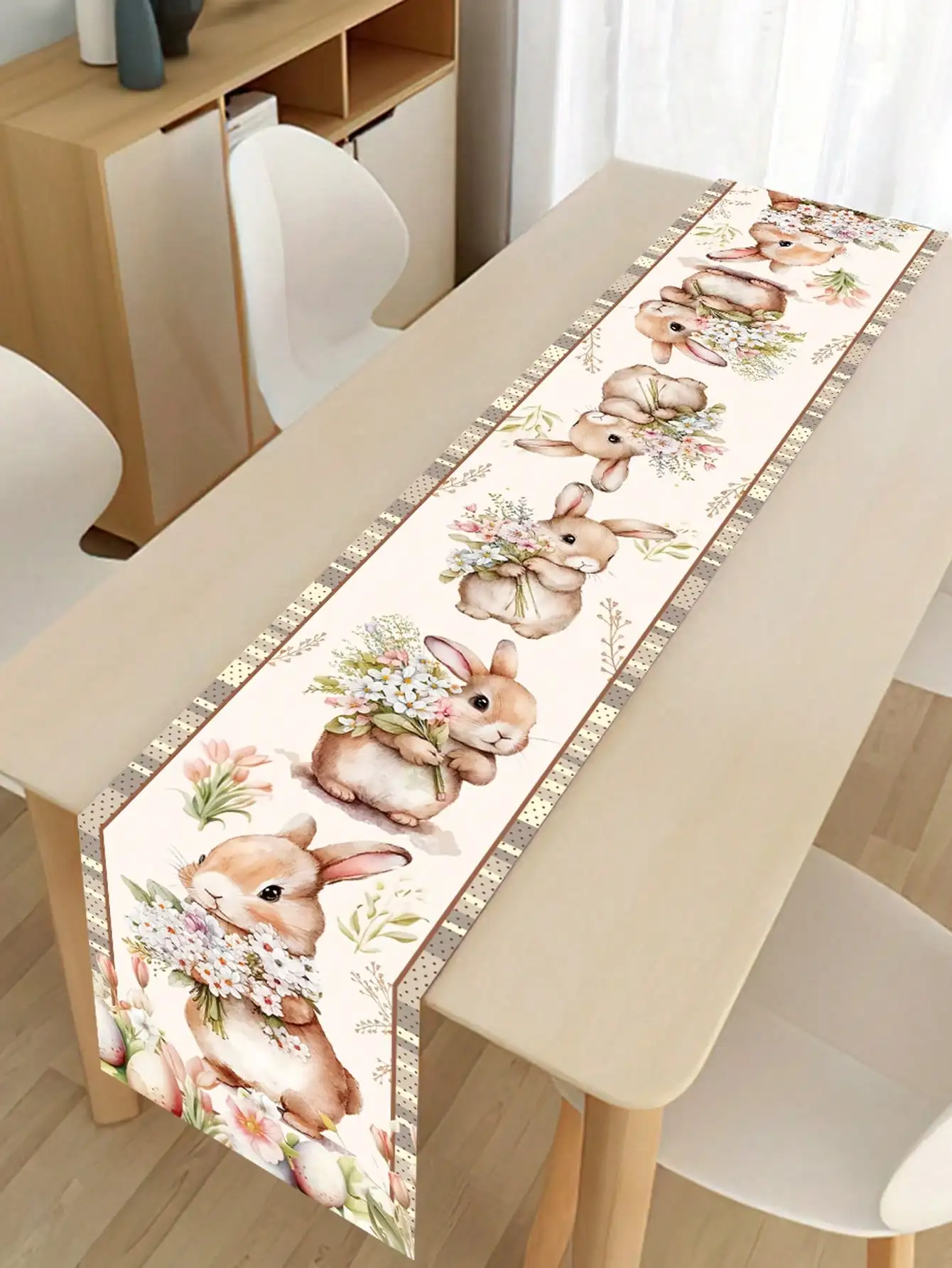 1 Piece Watercolor Cute Rabbit Holding Flowers Table Runner Easter Decoration Table Runner Luxury Gold-Edged Table Runner Home Party Table Decoration Supplies