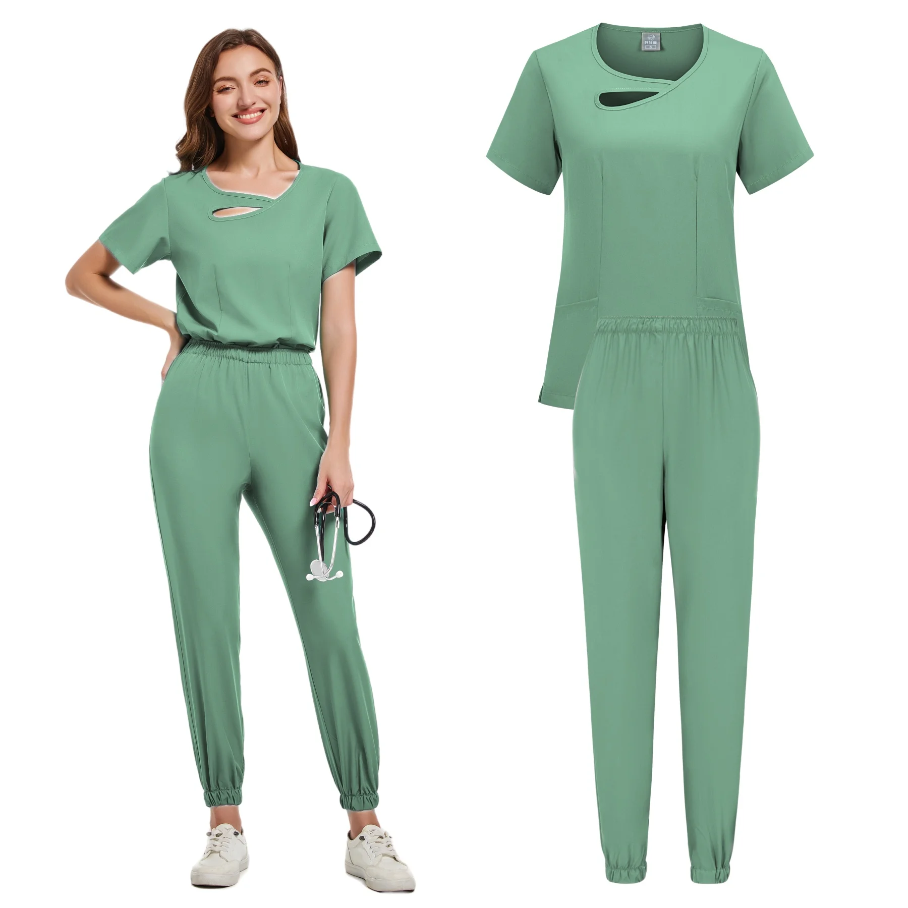 Stretch Scrub Top e Calças Conjunto, Uniformes Médicos, Uniforme de enfermeira, Médico Cirurgia Macacão, Salão de beleza Workwear, Novo