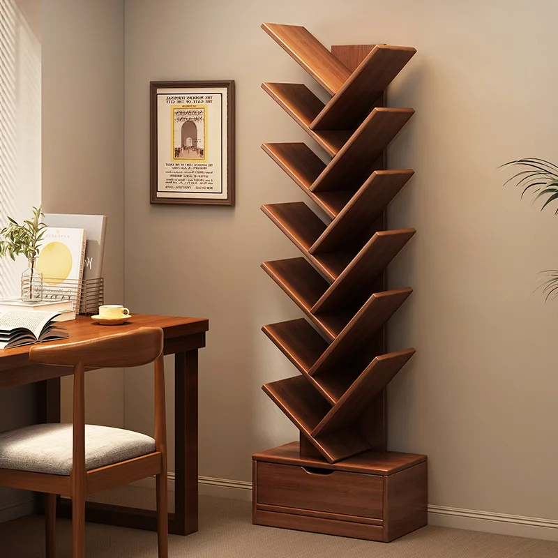 Solid wood bookshelf creative tree-shaped floor shelf household living room storage rack corner