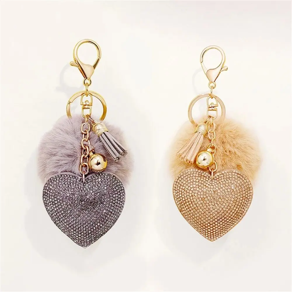 Girls Ornaments Packaging Decoration Interior Accessories Rhinestone Keyrings Rhinestone Heart Pompom Keychains Bag Pendant