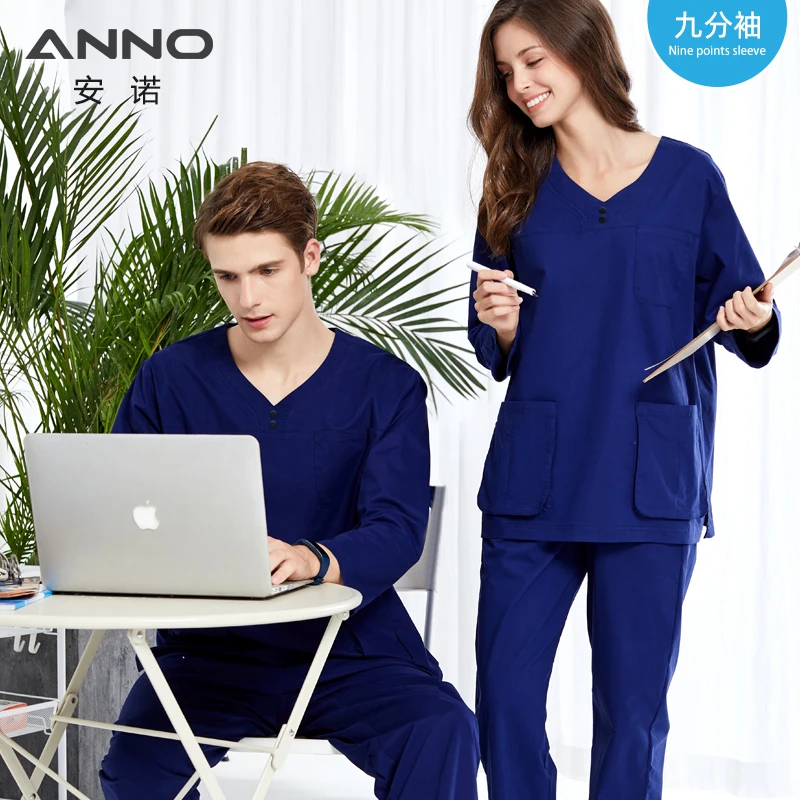 

ANNO Nine Points Sleeve Nursing Scrubs Set Stretch Fabrics Spandex Nurse Uniform Unisex Paramedic Beauty Elasticity Work Suits