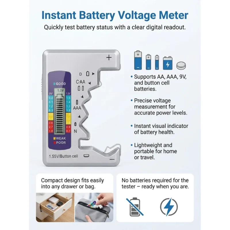 Portable Battery Capacity Indicator Compact Size Lithium Battery Level Tester Digital Display Battery Voltage Meter