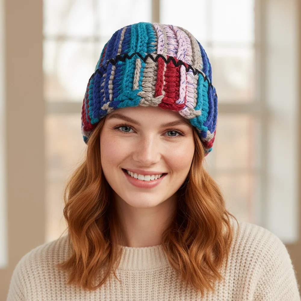 

Autumn and winter new crochet knit Rainbow beanie hats for men and women warm stacking hats trendy colour full slouch skullies