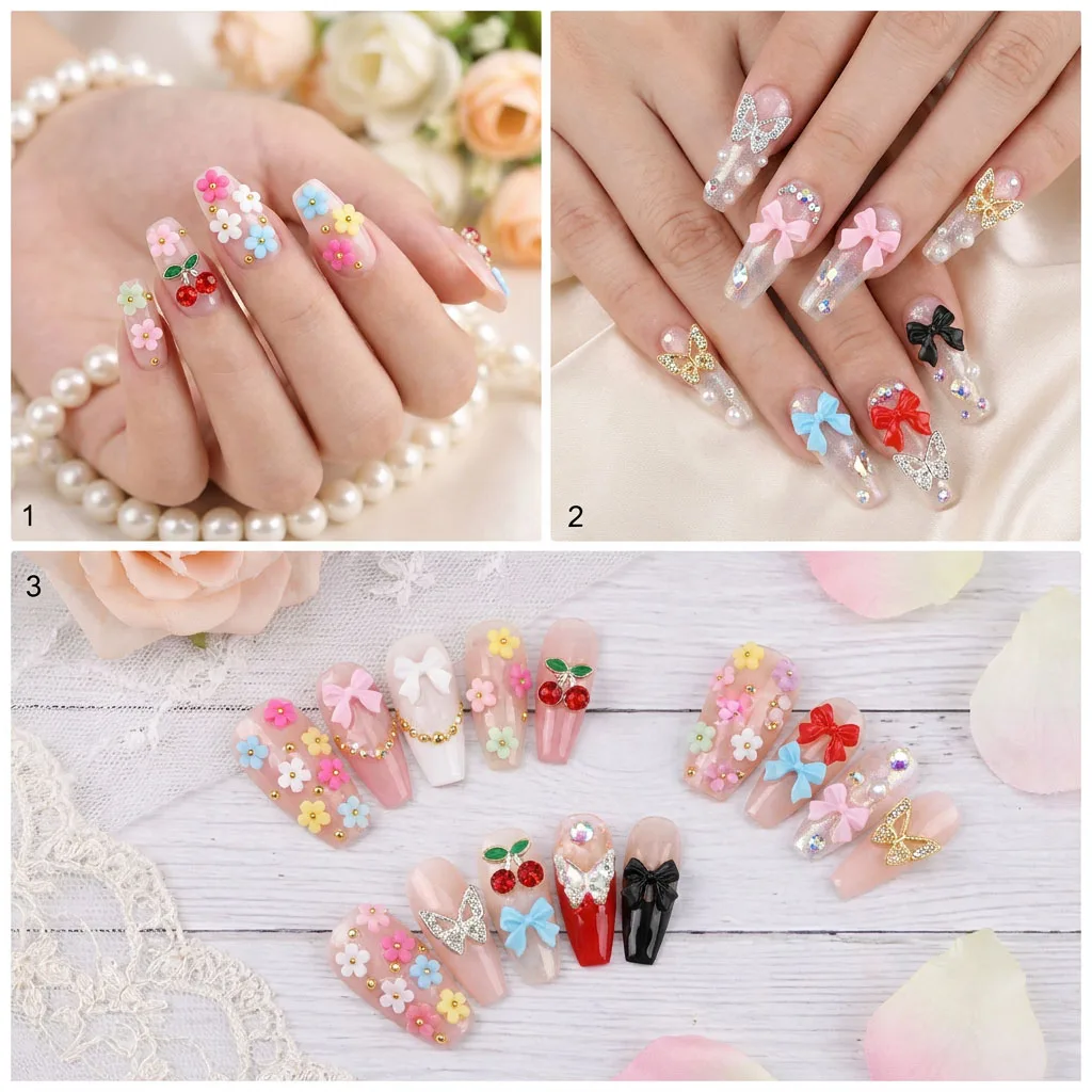 12/24 Gitter 3D Bunte Blumen-Schleifen-Nagelanhänger, gemischte Edelsteine, Perlen, Legierung, Schmetterlinge, Kirschen, Nageldekorationen, DIY-Maniküre-Teile – Detail 7