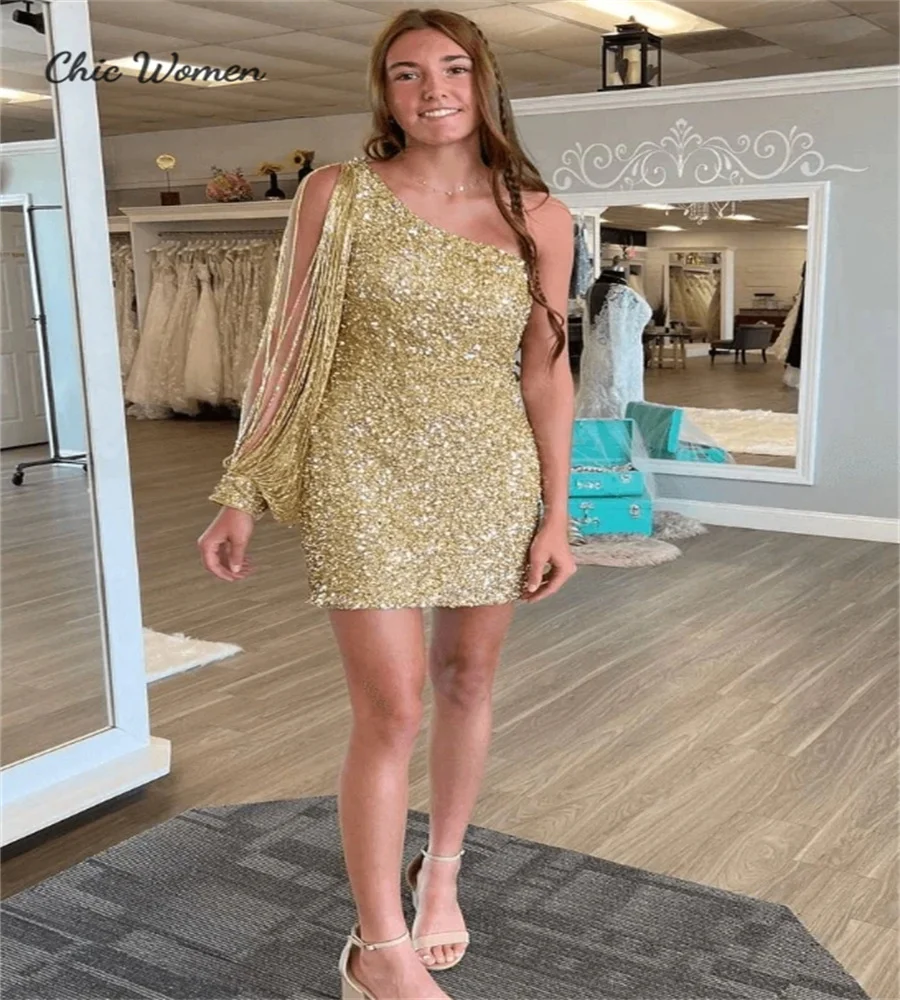 

Simple Gold Black Girls Homecoming Dress 2023 One Shoulder Long Sleeve Sheath Cocktail Red Sequin Prom Dress Sparkle Graduation