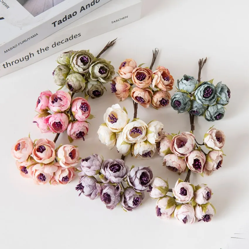 12Pcs Artificial Flowers Christmas Decorations for Home Wedding Accessories Stamen Bouquet Garland Diy Silk Tea Rose Buds Crafts