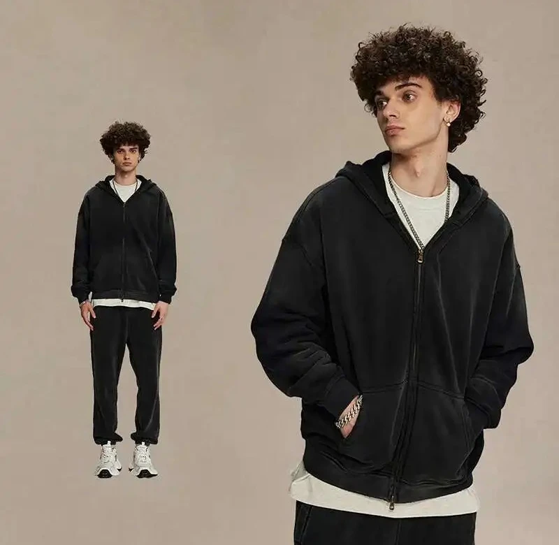 

Solid Color Men's Waist Straight PantsTwo-piece Sets Hooded Big Pockets Simple Washing Worn-out Sweatshirts Elastic