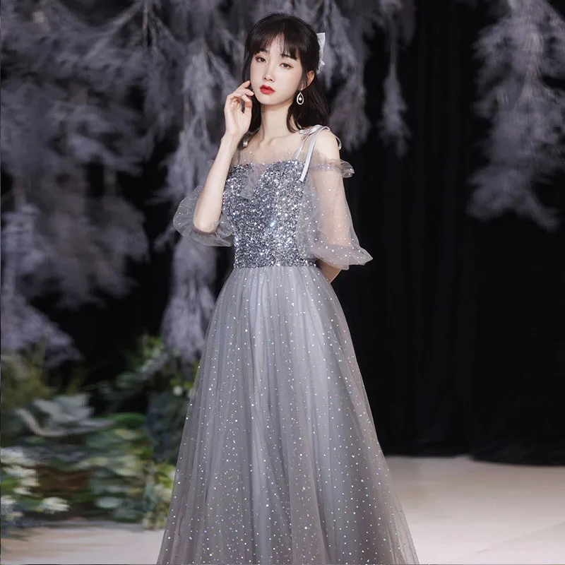 Grey Bridesmaid Evening Dress Women Off Shoulder Sequins Wedding Party Vestidos Fairy Temperament Sisters Group Gown Summer