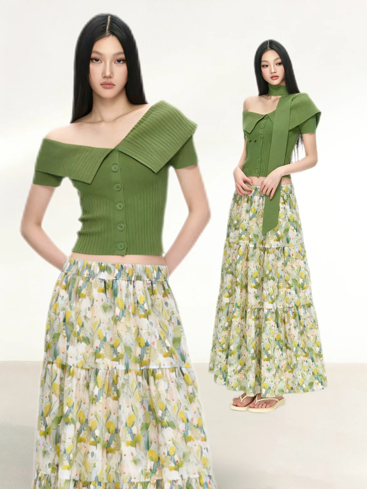 

Elegant Floral Halter Neck Short Sleeve Top And Skirt Set Gentle Summer Outfit Korean Style Shoulder Bared Floral Skirt
