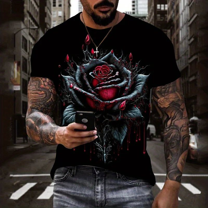 

Vintage T-Shirt For Men Red Rose Flower 3D Printing Casual Tees Short Sleeve Tshirts Oversized Men T-shirts Clothing Tops Summer