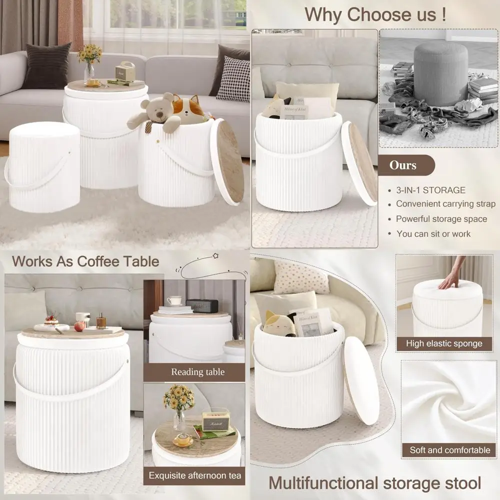 

Круглый пуфик с набором для хранения из 3 предметов, оттоманская скамейка для хранения с ручкой, бархатный круглый журнальный столик для гостиной, спальни, туалетный столик S