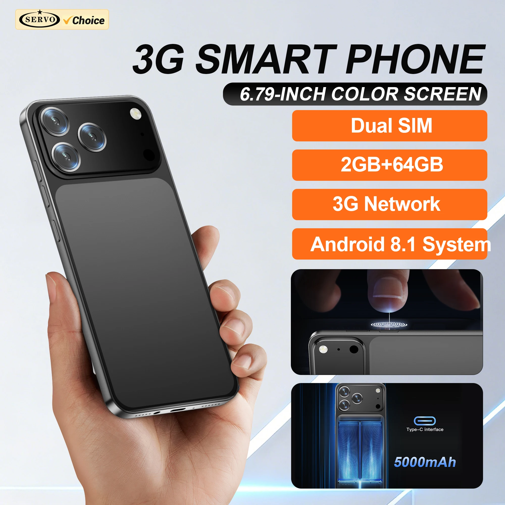 2026 SERVO 6.79'' Screen Smartphone 3G WCDMA 64GB ROM Fingerprint Unlock Google Play WiFi 2 SIM Large Smart Mobile Phones 5000mAh