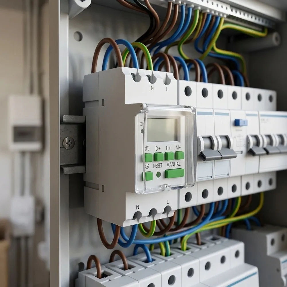 220V Weekly Programmable Timer Switch DIN Rail Mount LCD Display 50 60Hz 7 Day Cycle for Elevator and Escalator Control