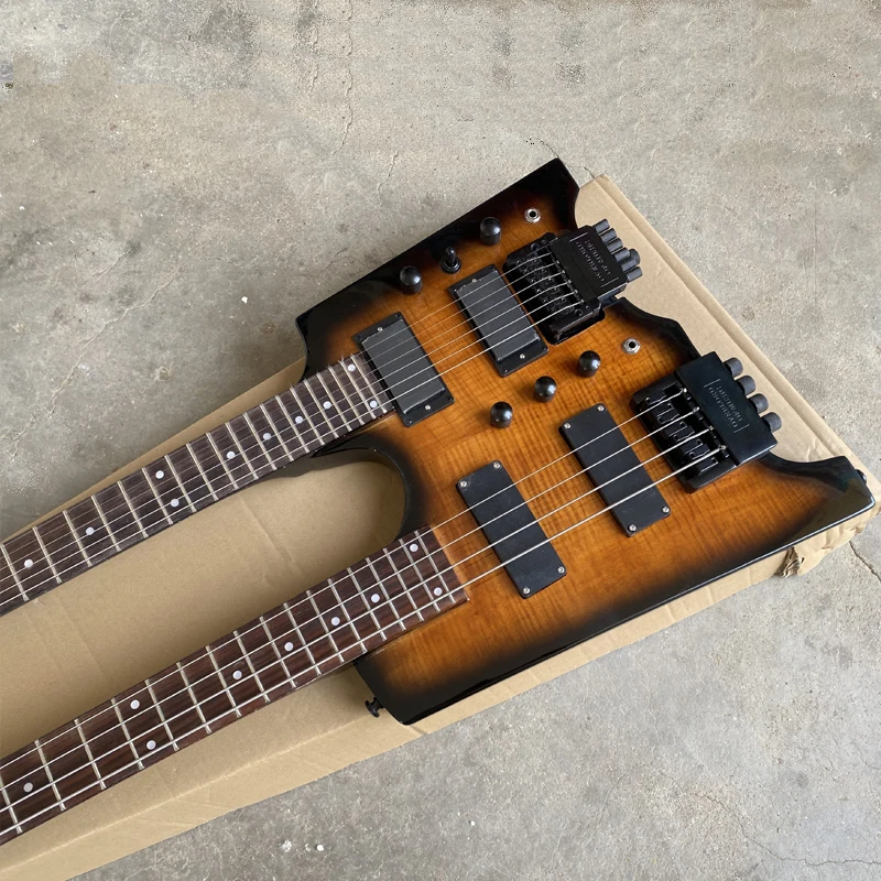 Double Neck Headless Electric Guitar 4 String Bass on Top + 6 String Guitarra Tremolo Bridge Tobacco Burst Flame Maple Top