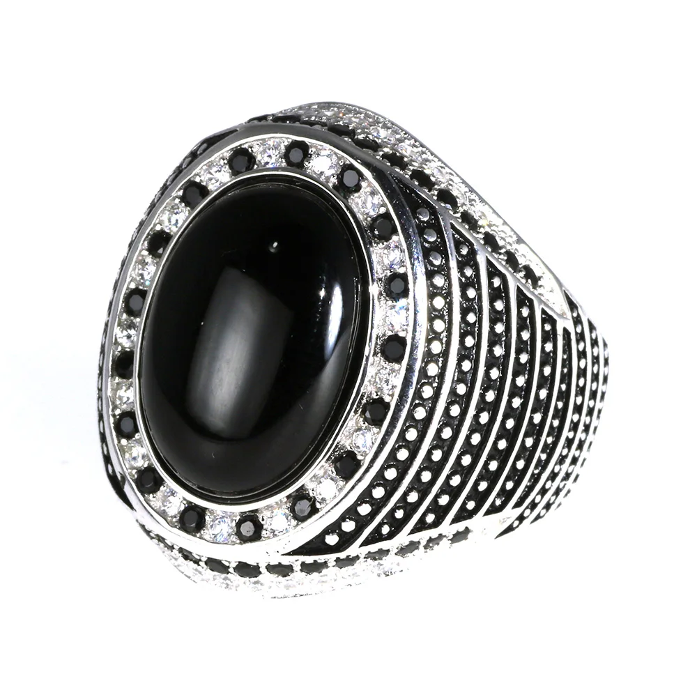 Real Pure 925 Sterling Silver Rings For Men With Natural Onyx paved with Black Zircon Turkish Finger Rings Man Wedding Band