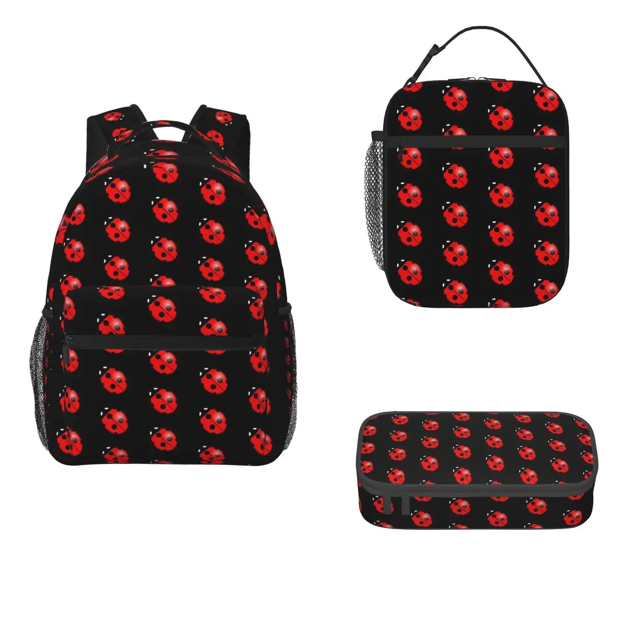 Black Ladybug Pattern Socks Backpacks Boys Girls Bookbag School Bags Cartoon Kids Rucksack Lunch Bag Pen Bag Three-Piece Set