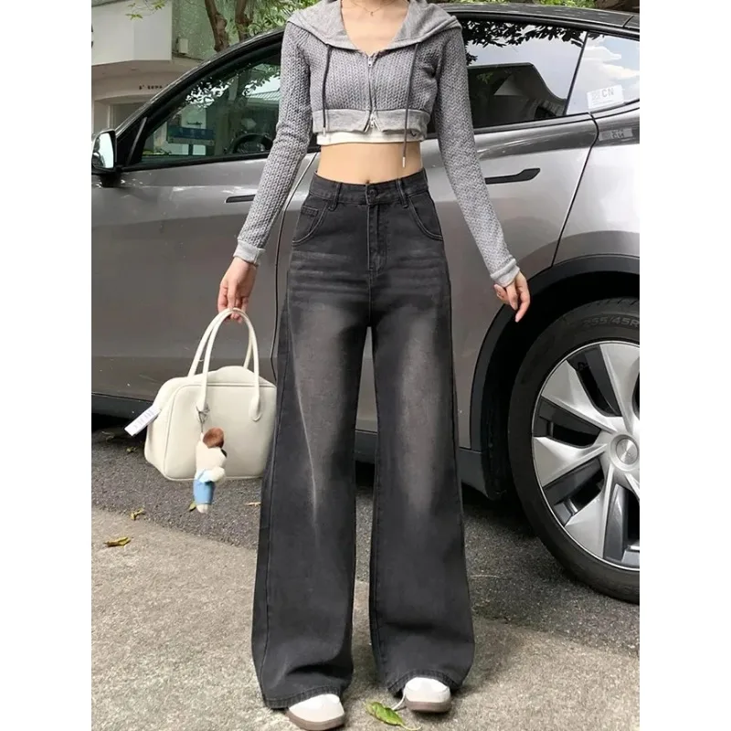Casual High Waist Jeans Denim Loose Fit Personality Vintage Black Gray Straight Leg Wide Leg Trousers Women Women's Pants
