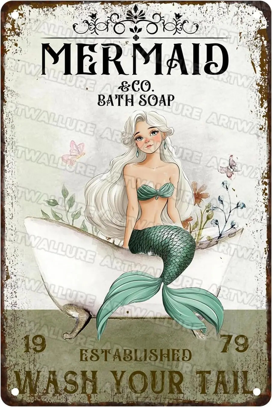 Mermaid Bathroom Tin Sign “Wash Your Tail” - Funny Metal Wall Art, Vintage   Decor for Seaside, Beach House & Shower Bathroo