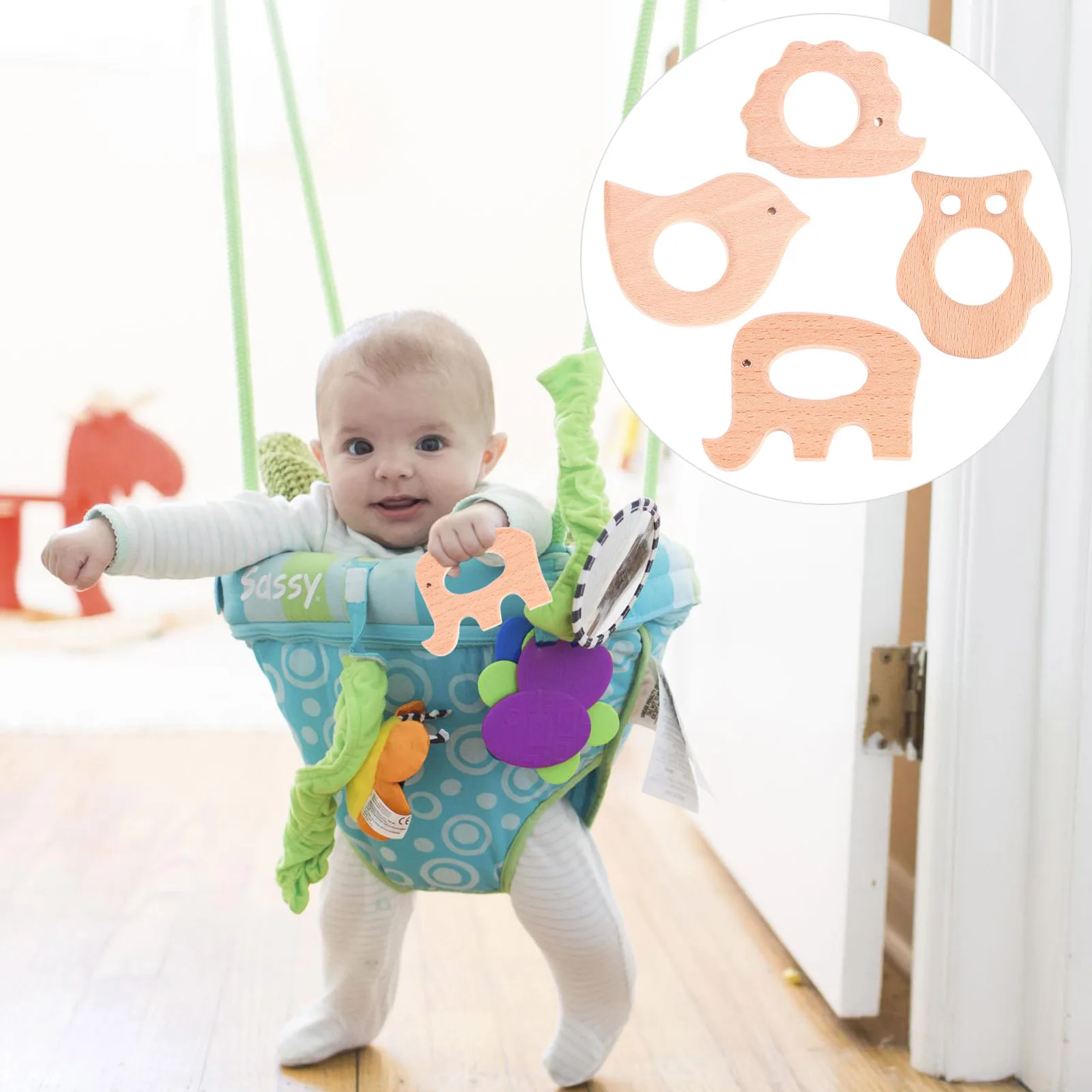 4 قطع عضاضة خشبية للأطفال على شكل حيوان كرتوني لتهدئة الانزعاج والتحفيز الحسي للثلاجة