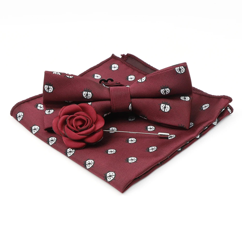 

Cartoon Insect Pattern Polyester Bowtie Handkerchief Set Red Floral Brooches For Men's Daily Business Wedding Accessories Gifts