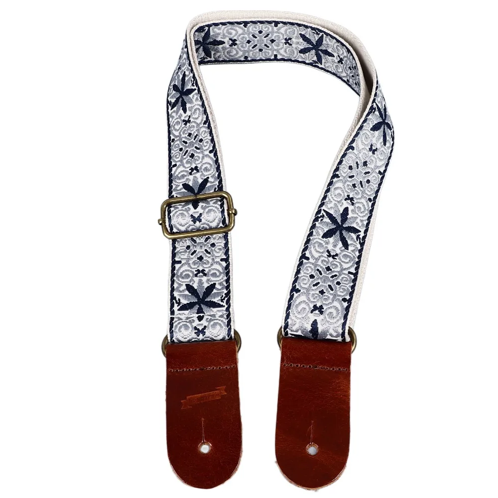 Embroidered Ukulele Strap ​Nylon & Leather ​Adjustable Length​ ​Ukulele Shoulder Strap​ ​National Style Print​