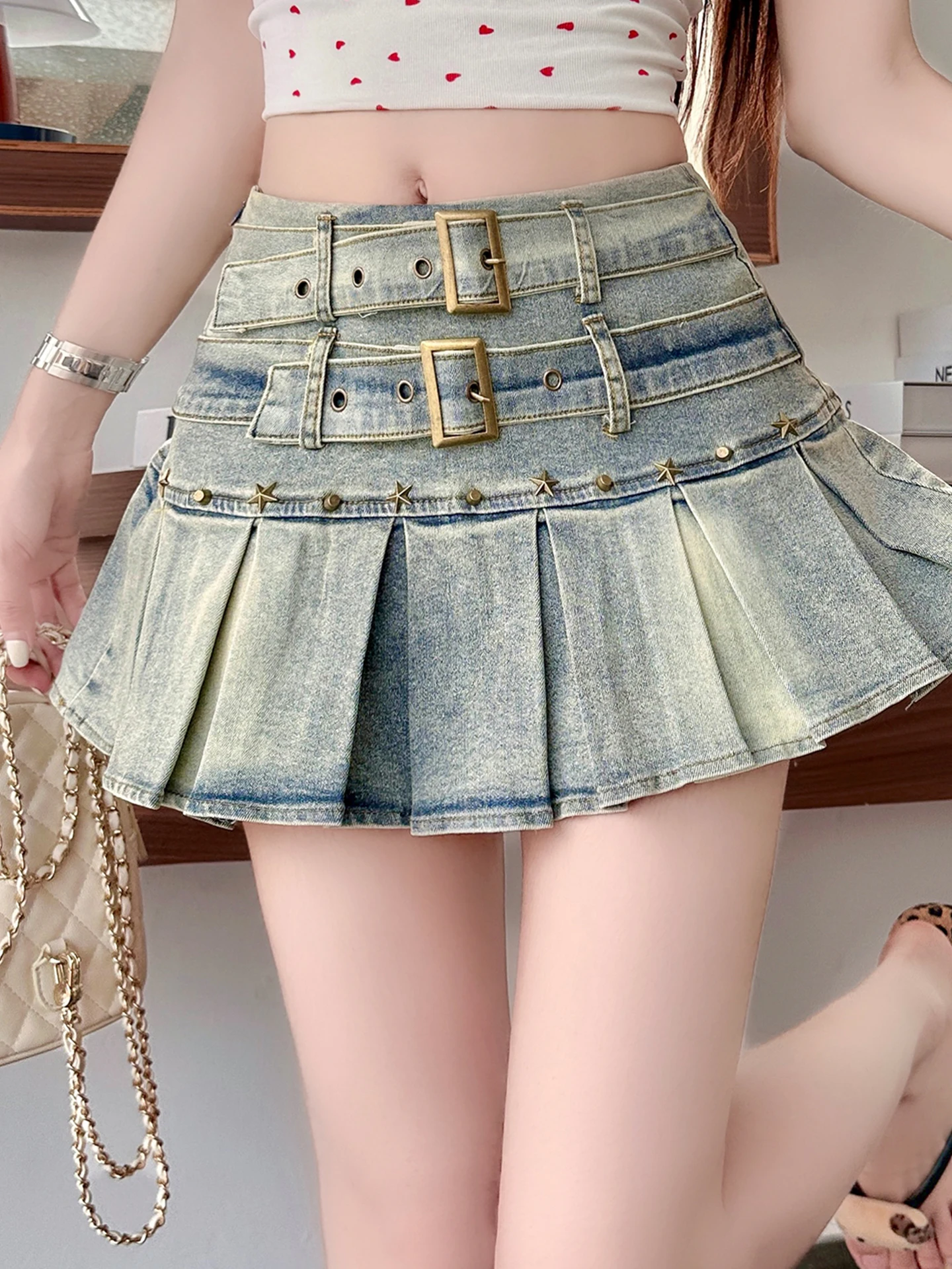 

Retro Spicy Girl Denim Skirt High Waist Double Buckle Elastic Pleated Slim A-Line Pants Skirt Summer Design Korean Style