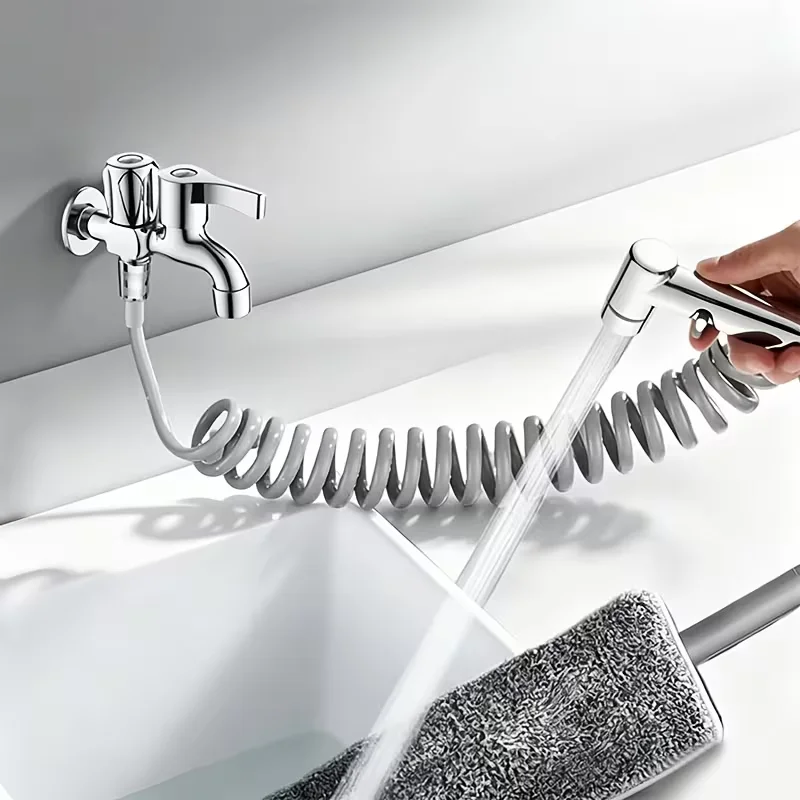 Silvery 3pcs Toilet Bidet Spray Gun Set Home Use with No-Drill Wall-Mount Hook 2m Retractable Hose Pressurized Water Cleaning