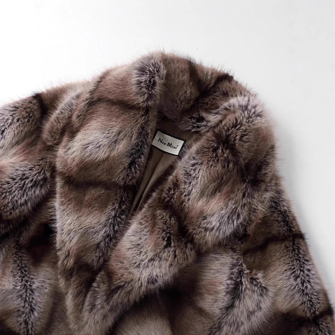 Abrigo largo de piel sintética con estampado para mujer, abrigo grueso elegante con cuello vuelto, chaquetas cálidas, abrigos sueltos para mujer, ropa de calle para invierno 2025