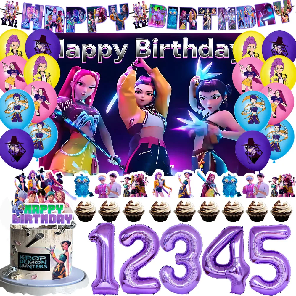 

KPop Girl Demon Hunters Adult Birthday Party Decorations Purple Gold Balloon Banner Backdrop Cake Topper Baby Shower Supplies