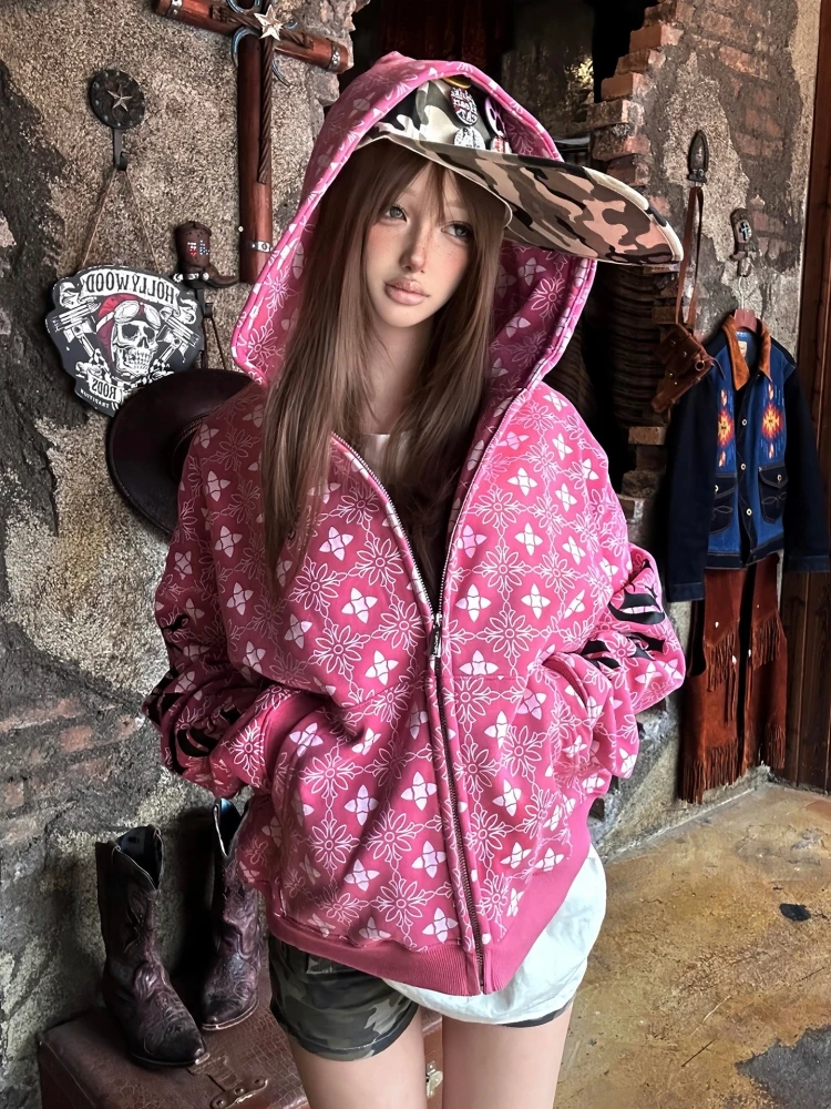

American Subculture Punk Printed Hoodie Women's Loose Open Cardigan Gothic Cross Hooded Jacket Spring Visual Style Long Sleeve