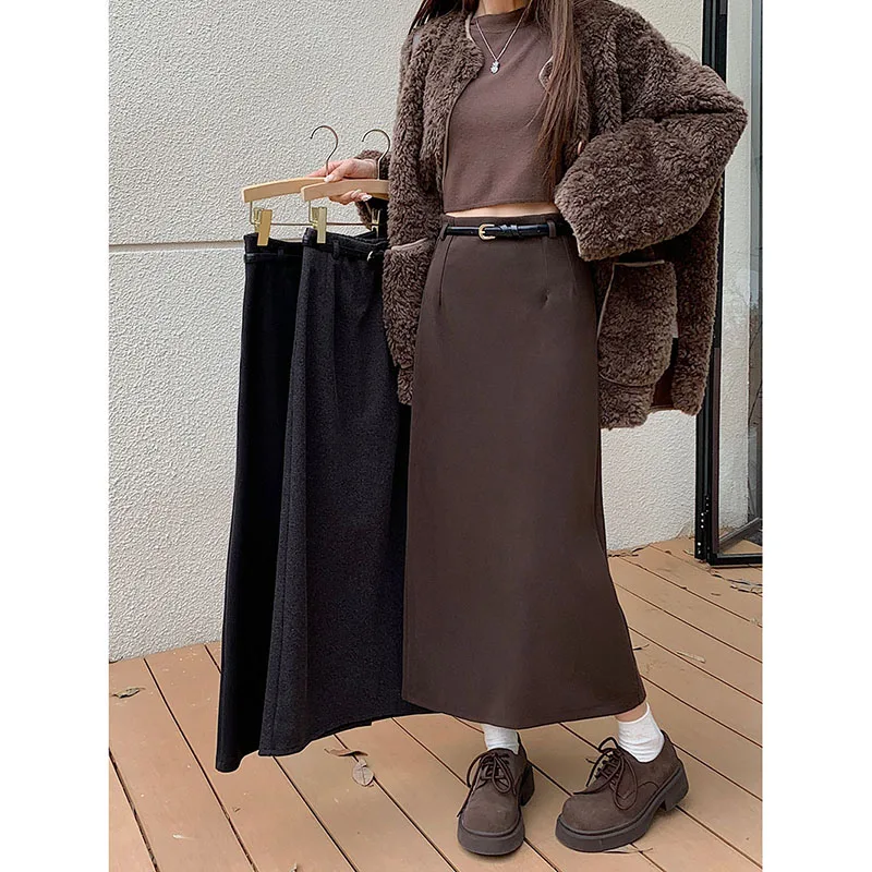 التنانير الصوفية عالية الجودة مع حزام المرأة الكورية موضة الظهر انسكبت ميدي تنورة مكتب السيدات شيك الأسود أبلى Faldas 2025 #2