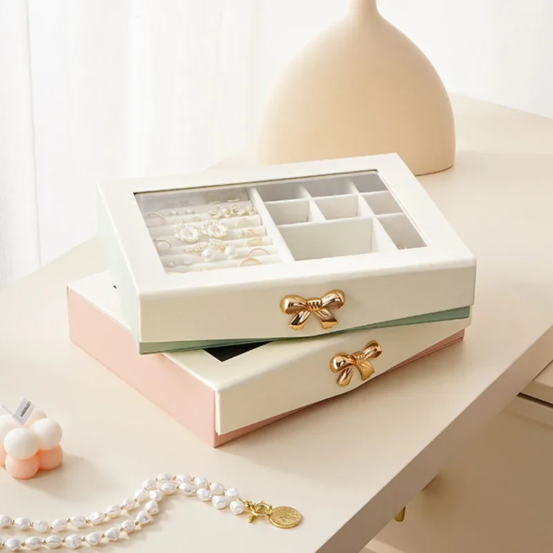 Bow Open Window Jewelry Box Creative Large Capacity Jewelry Storage Case Princess Women's  Jewelry Ring