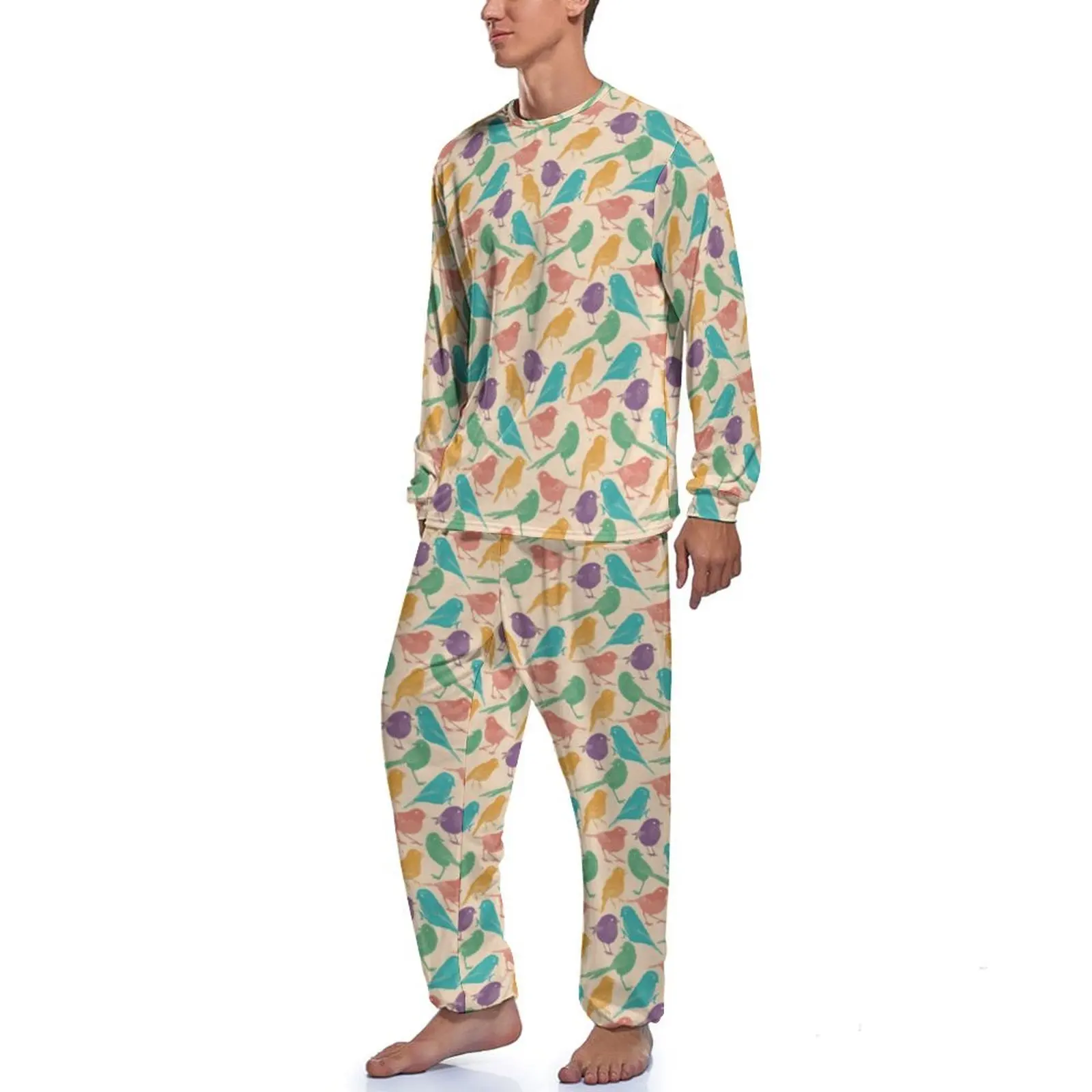 Colorful Little Birds Pajamas Animal Print Men Long-Sleeve Pajama Sets 2 Pieces Sleep Spring Graphic Nightwear Birthday Present