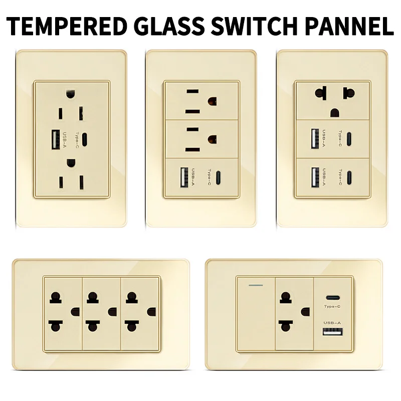 

Wall Socket Switch PanelStandard US/Mexico, Tempered Glass Design, USB & Type-C Charging, Multi-Gang Options