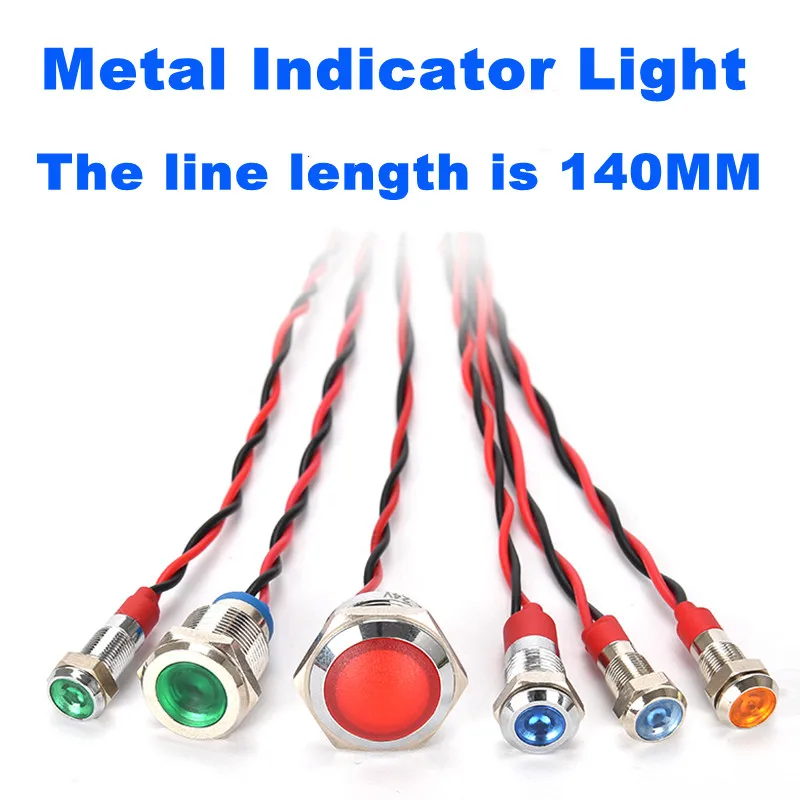 6mm8mm10mm12mm16mm19mm22mm Metallanzeige LED-Signal mit Kabel 3V 5V 12V 24V 220V Warnleuchte, rot, blau, gelb, grün