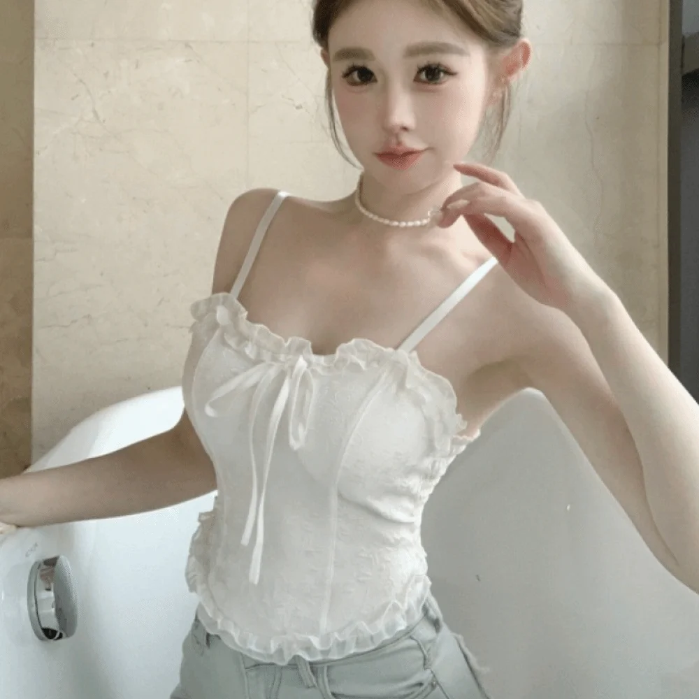 

Streetwear Ruffle Sweet Crop Top Bowknot Slim Fit Women's Camisole Summer Lace Vest Top Women