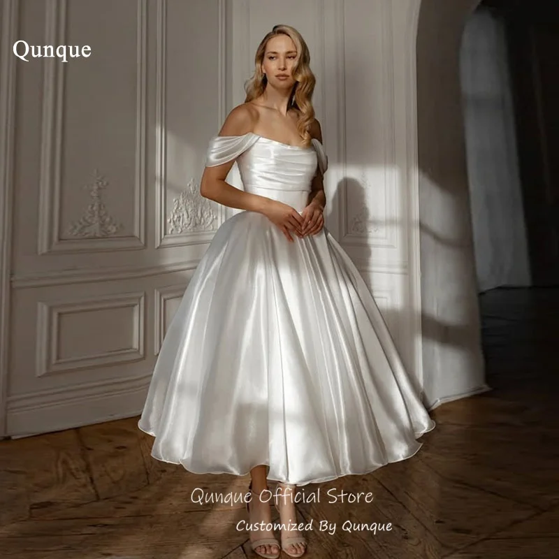 

Qunque Short Sleeves Midi Evening Dress High Shine Satin A Line Wedding Guest Dress Off Shoulder Vestidos Para Mujer Customized