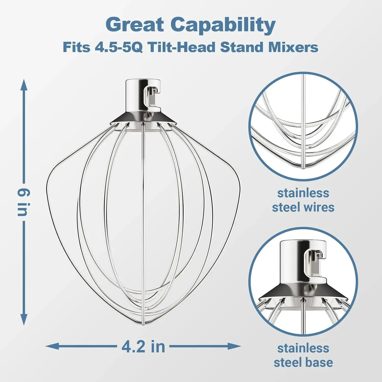 

Stainless Steel 6-Wire Whip for Whisk Attachment, for 4.5-5QT Title- Mixer,Flour Cake Whisk, Dishwasher Safe