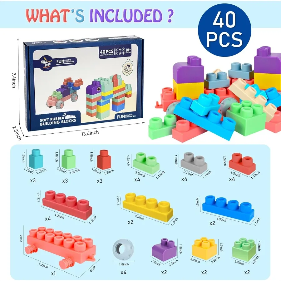 اللبنات الناعمة للأطفال الصغار اللبنات الكبيرة كتل التراص للأطفال الجذعية هدايا طفل صغير ألعاب التسنين 40 قطعة