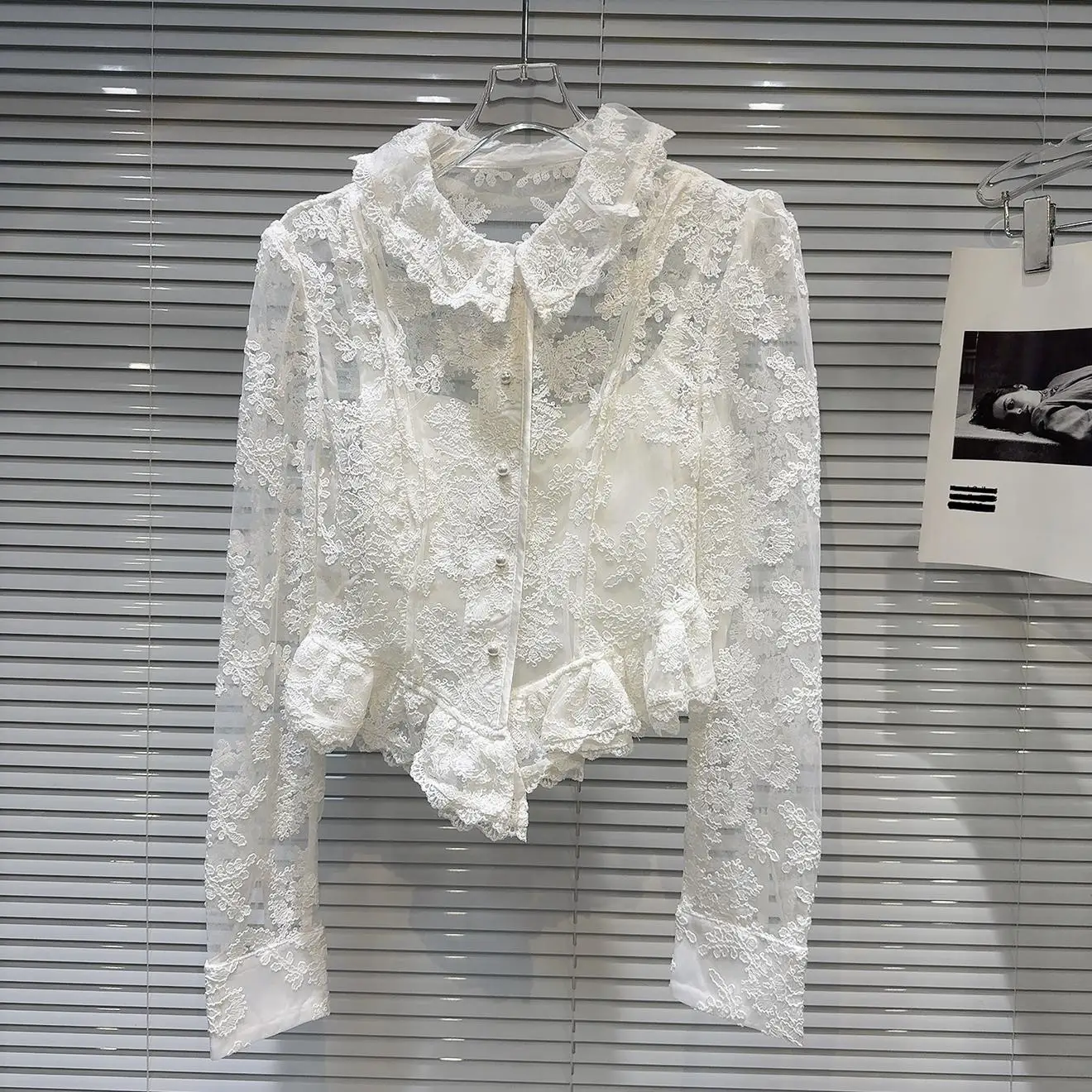 

French Sle Lace irt Collar ort Sve Long Lace Flower Gauze Texture Ele Autumn New Arrival Women's Top