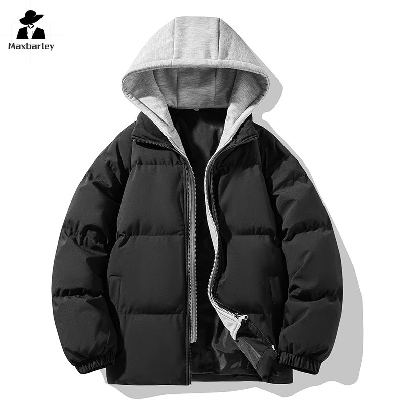 Winter Jacket Men's Fashion Thickened Fake Two-Piece Hooded Parka Japanese-Style Harajuku Embroidered Down Cotton Padded Coat