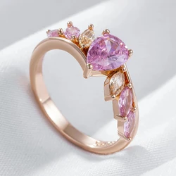 Wbmqda Shiny Pink Stone Ring For Women 585 Rose Gold Color Unique Jewelry Accessories