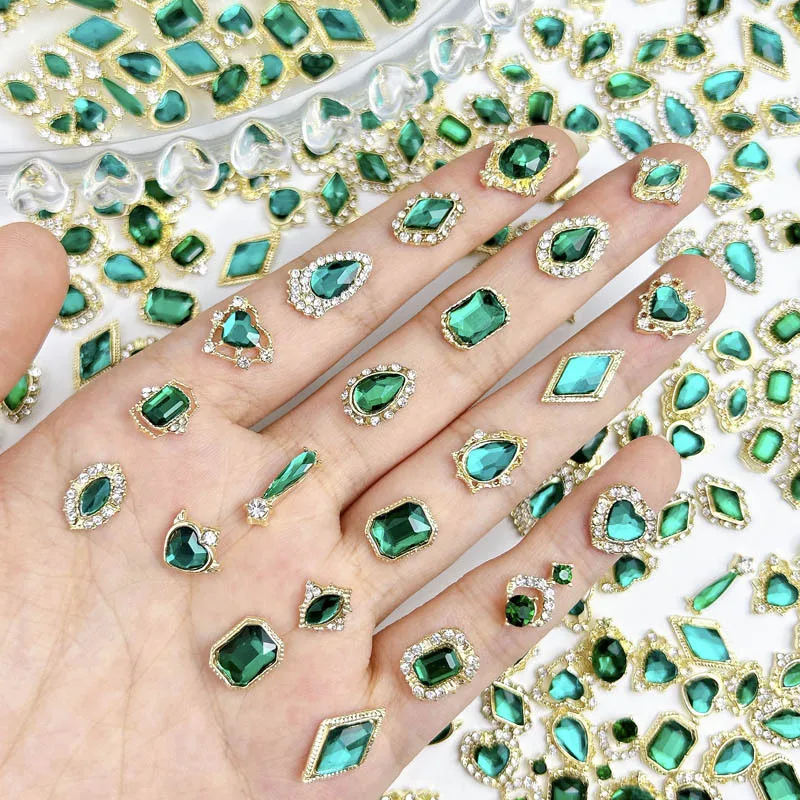 20PCS 3D Metal Alloy Geometric Nail Art Decoration Sparkling Dark Green Glass Rhinestones Inlaid Nail Charms for DIY Nail Crafts