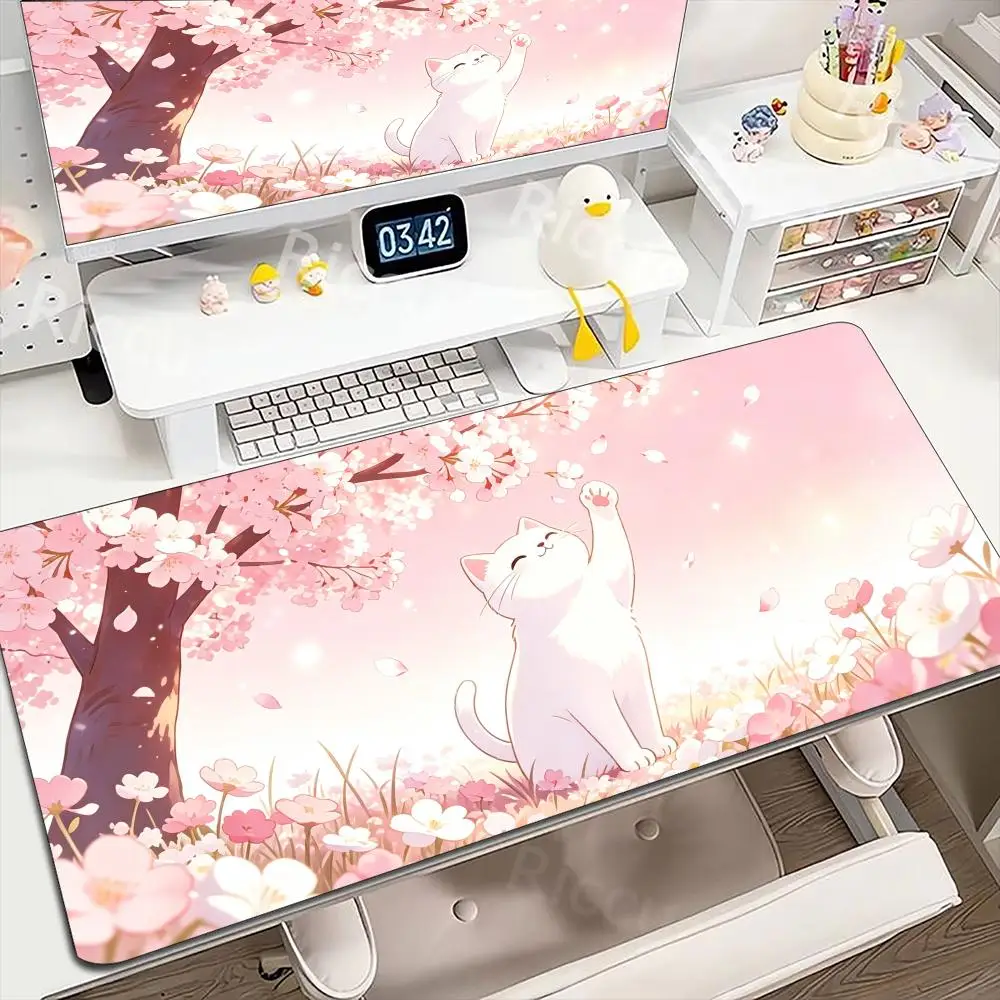 Cute Cherry Blossom Sakura Cat Large Extended Mouse Pad Non-Slip Rubber Base With Stitched Edges For Gaming And Office Desktop