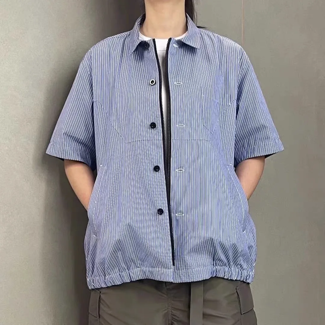 

Men's 2025 Spring/Summer New Style Blue Striped Short Sleeve Shirt Blouse Cardigan T-shirt