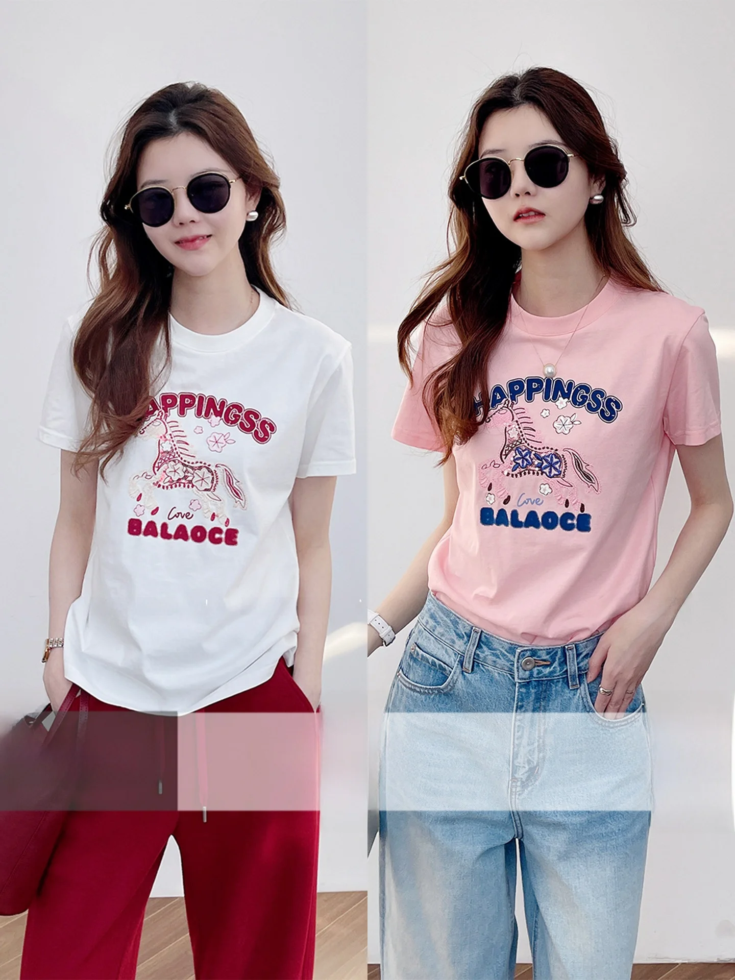 

Korean Faion Pure Cotton Velvet Letter Embroidery iny Sequins ort Sve round Ne Casual Versatile T-irt Early Spri...