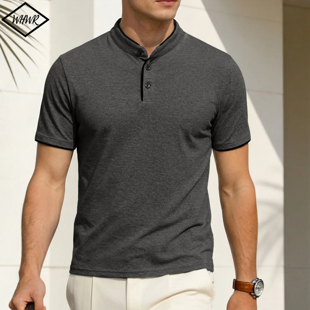 Sommer Neue Herren Kurzarm-Henley-Shirts mit Knöpfen, Einfarbige Slim-Fit Kurzarm-T-Shirts, Lässige Oberteile für Männer